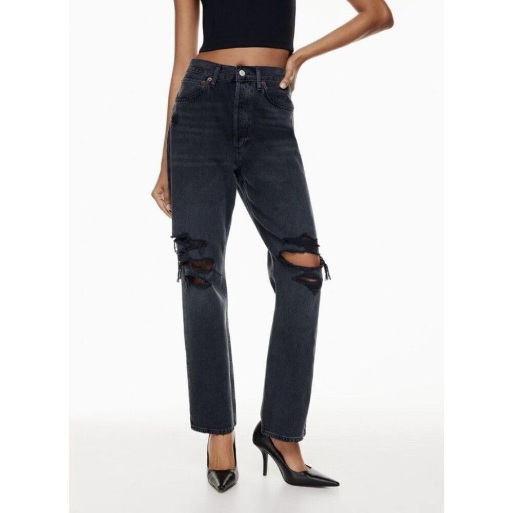 AGOLDE 90’s High Rise Straight Legs Jeans Size 25 Black Wash Distressed - Picture 5 of 9